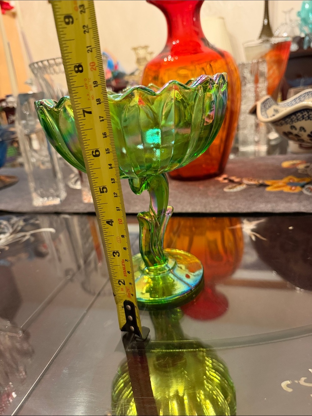 Vintage Lotus Blossom Green Carnival Glass Iridescent Compote - Picture 6 of 7